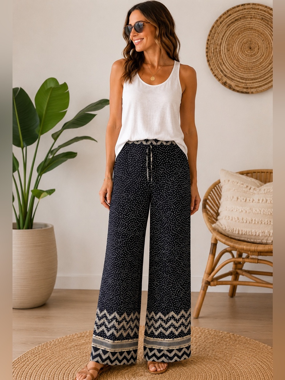 West Kei Navy Polka Dot Wide Leg Boho Pants Chevron Border High Rise‎ Large